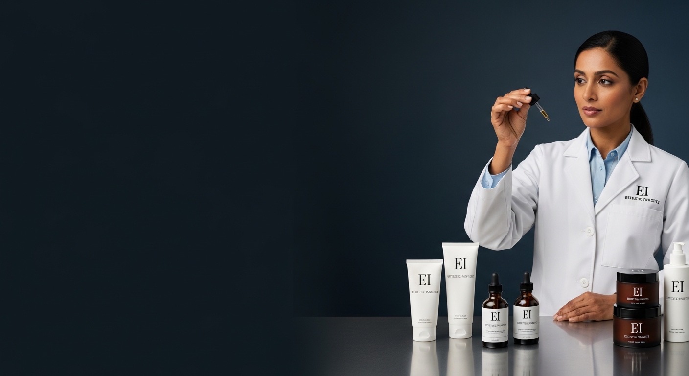 A formulator holds up a dropper of serum above a row of EI-branded products.